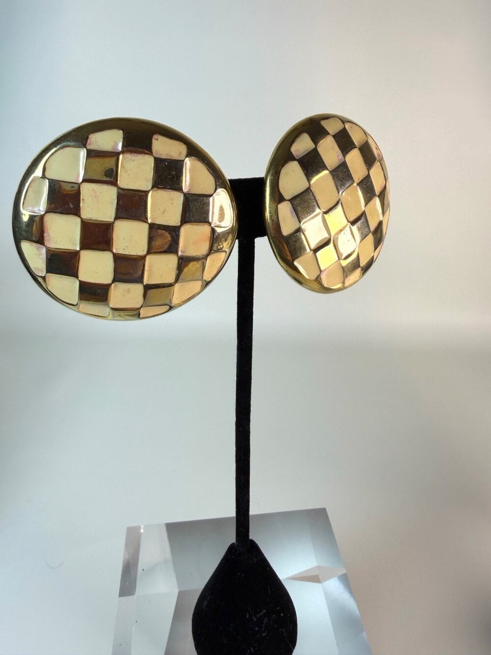 Vintage 1980s Cream Gold Checkerboard Dome Clip On Earrings Retro Mod Statement